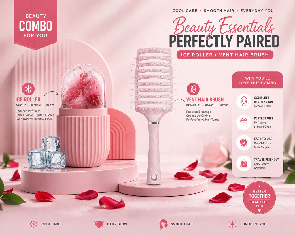 2 in 1 Beauty Combo Ice Roller & Hair Brush for Skin & Hair Care
